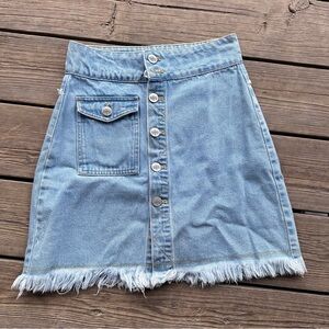 Denim Button-Front Skirt with Fringe Hem